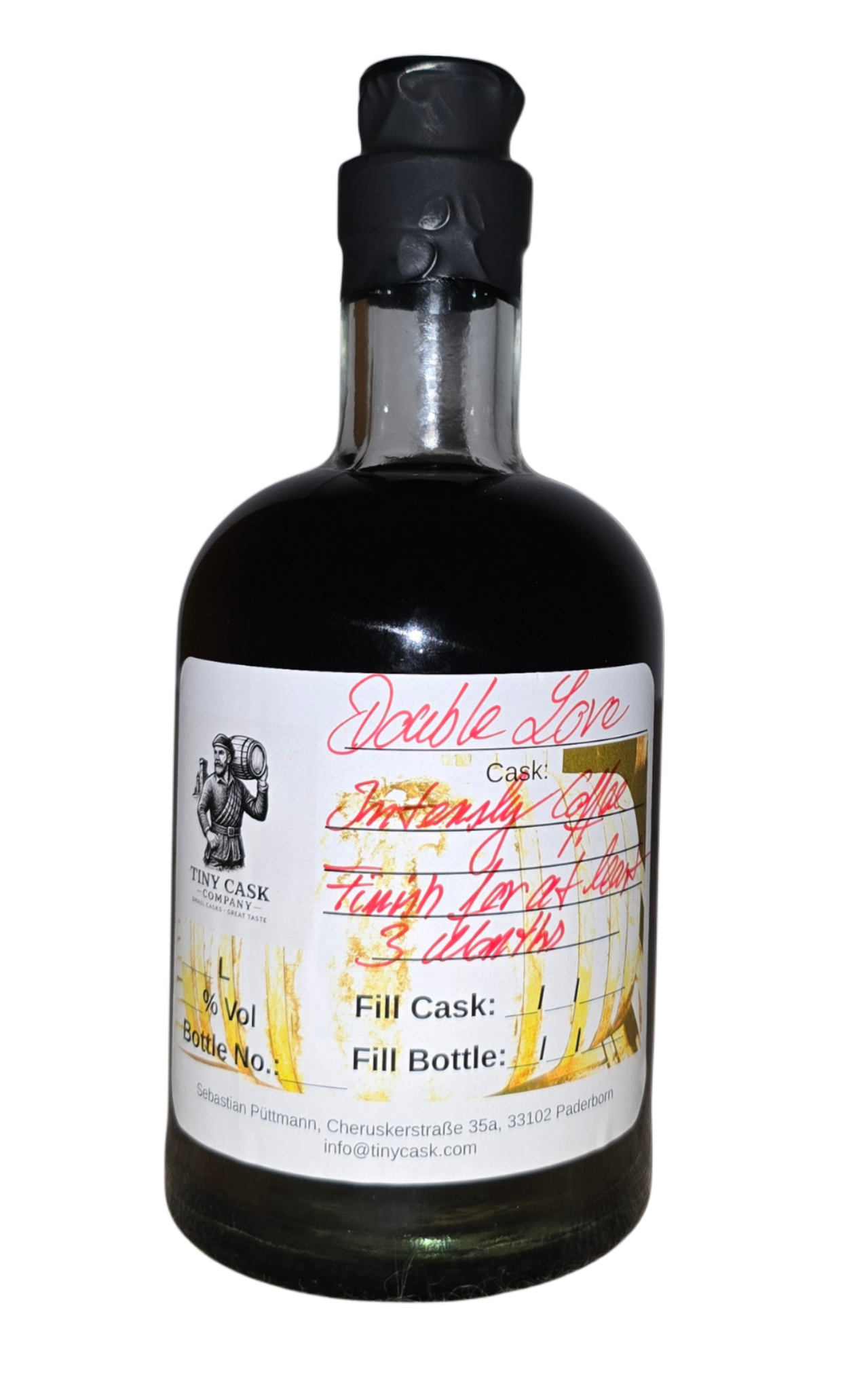 Tiny Cask Company Flasche mit handbeschriftetem Double Love Etikett